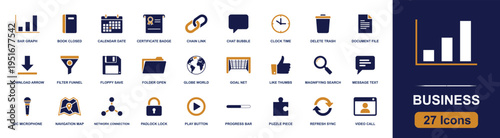 Business icon set. Containing bar graph, calendar, document, folder, download, save, search, chat, lock, globe, link, network, refresh, video call and more. Solid fill icons collection.