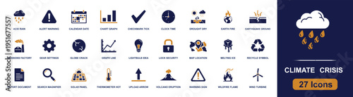 Climate crisis icon set. Containing acid rain, drought, wildfire, melting ice, recycle, solar panel, wind turbine, earthquake, emissions, volcano and more. Solid fill vector icon collection.