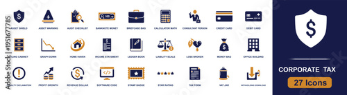 Corporate tax icon set. Containing audit, income statement, ledger, liability, penalty, VAT, withholding, revenue, profit, cards, calculator and more. Solid fill vector icons collection.