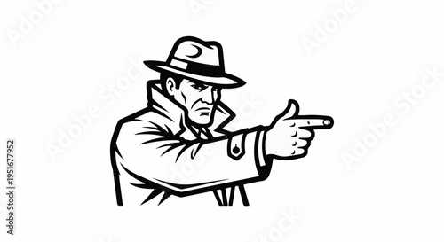 Stylized detective in hat and trench coat pointing finger