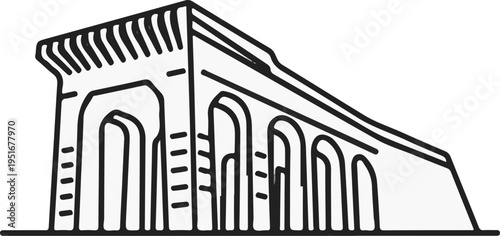 Stylized line drawing of a Roman aqueduct with multiple arches