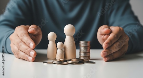 Person shielding family figures with coins representing financial protection and security measures
