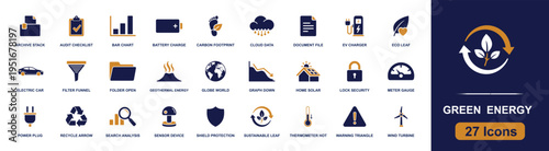 Green energy icon set. Containing electric car, EV charger, solar, wind turbine, recycle, battery, carbon footprint, geothermal, sustainability and more. Solid fill vector icons collection.