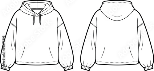 Hoodie sweatshirt technical fashion illustration front and back views, drawstring hood design, casual streetwear apparel template, minimalist clothing mockup isolated on white