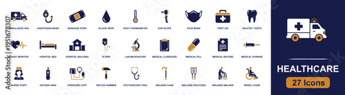 Healthcare icon set. Containing ambulance, first aid, hospital, syringe, microscope, stethoscope, pill, nurse, wheelchair, crutches, thermometer and more. Solid fill vector icons collection.