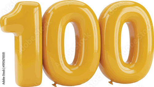 Golden Yellow Number 100 Balloons Floating Transparent Background