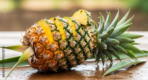 A freshly cut pineapple sits beside its whole counterpart on a wooden surface high-quality professional