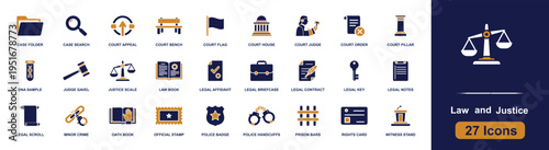 Law and justice icon set. Containing court, judge, gavel, justice scale, law book, affidavit, contract, badge, handcuffs, prison, witness, rights and more. Solid fill vector icon collection.