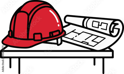 Red hard hat and rolled blueprints on a table, signifying construction planning