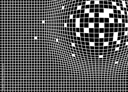 Vector pattern of small square black pixels on a white background. Background for covers, advertising, printing, packaging. Design element with curved volumetric shape, Clusters, 3d, explosion. Techno