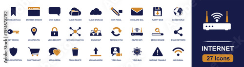 Internet icon set. Containing browser, chat, cloud, mail, router, search, network, social media, video call, WiFi, security, upload, shopping and more. Solid fill vector icons collection.