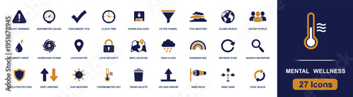 Mental wellness icon set. Containing mindfulness, therapy, calm, support, healing, balance, self care, mood, stress relief and more. Solid fill vector icons collection for wellness care.