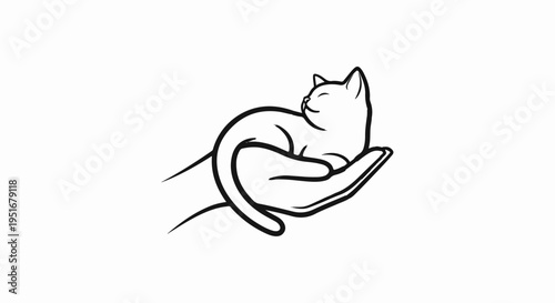 Minimalist line art of a content cat resting in an open palm