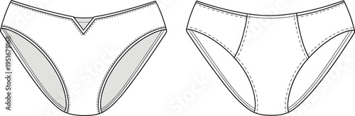 Women bikini bottom technical fashion illustration front and back views, high cut swimwear design, minimal beachwear apparel template isolated on white background