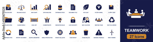 Teamwork icon set. Containing meeting team, collaboration, goal net, target, analytics, report, folder, archive, lock, recycle, innovation and more. Solid fill vector icons collection.