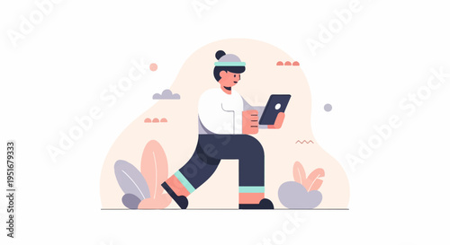 Person in motion, engrossed in a tablet device amidst abstract natural elements