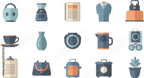 Flat icons of various everyday objects and appliances