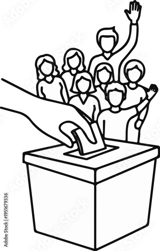 People casting votes into a ballot box, with some citizens showing support for democracy