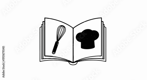 Open book with whisk on left page and chef's hat on right