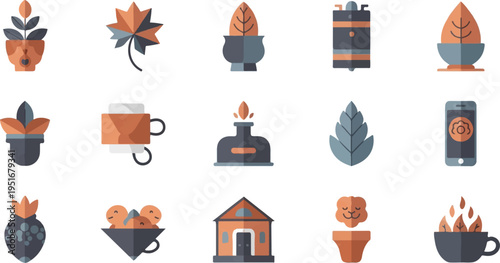 Flat icons of plants, objects, and nature elements in autumnal colors