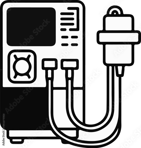 Monochrome illustration of medical equipment, dialysis machine and tubes