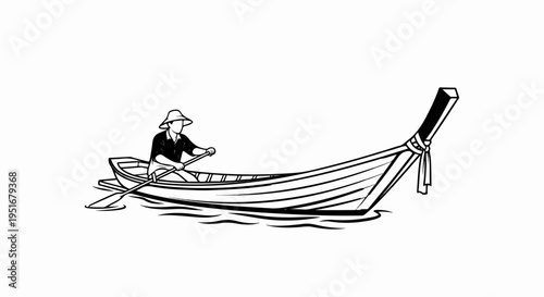 Person in hat rows a long, slender boat on wavy water