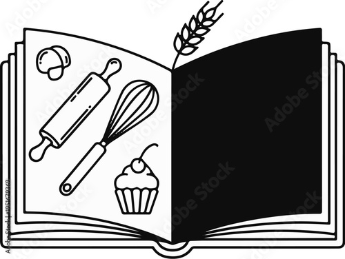 Open book with baking tools, cupcake, and wheat stalk