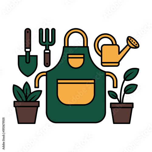 A green apron with gardening tools and potted plants on a white background
