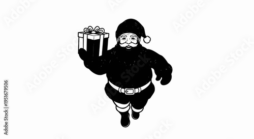 Festive character in black and white, holding a gift box