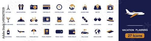 Vacation planning icon set. Containing passport, ticket, travel wallet, map pin, mountain peak, rental car, sun hat, sunscreen, camera and more. Solid fill vector icons collection.
