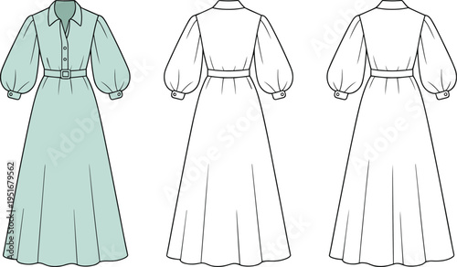 Women long sleeve midi dress technical fashion illustration front and back views, belted waist design, elegant apparel template, minimalist clothing mockup isolated on white