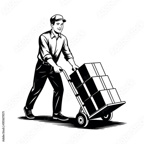 A man pushing a dolly loaded with boxes across the floor