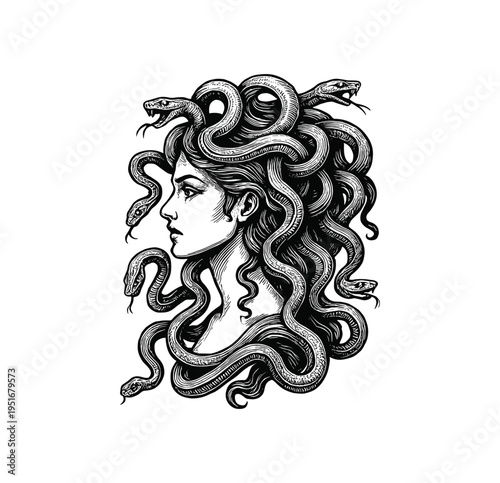 Hand-Drawn Mythological Medusa Gorgon Portraits – Vintage Engraving art