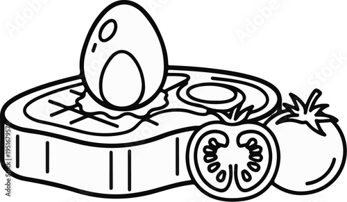 Cartoon outline of a steak, egg, and tomatoes, ready for a meal