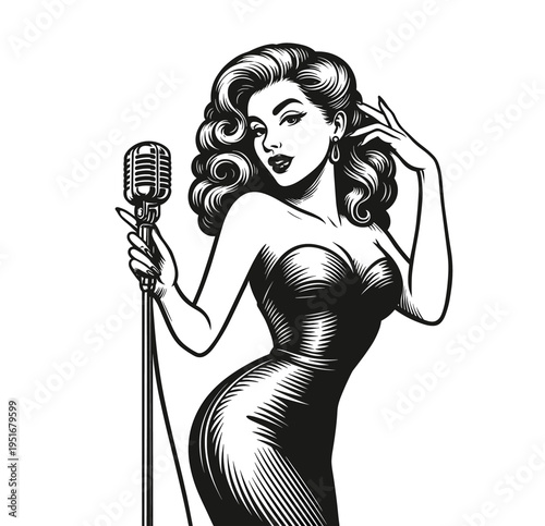 Hand-Drawn Retro 1950s Style Lounge Singer Portrait – Vintage Engraving art