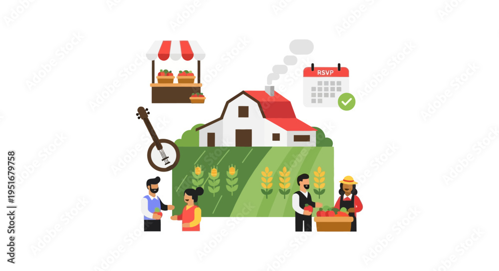 Fototapeta premium Farmers Market and Farm Event Vector Illustration. Local Community Gathering, Agriculture Festival, Barn, Produce Stand, RSVP, and Folk Music.