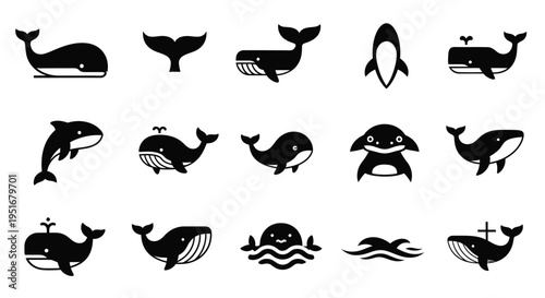 Whale vector icons collection featuring various species in flat silhouette