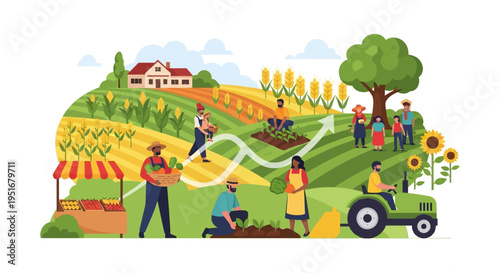 Agricultural Growth and Sustainable Farming Concept. Farmers Working, Planting, and Harvesting Crops on Rural Farmland with Upward Trend Arrow