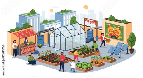Urban Farming Community Garden Illustration. Sustainable City Life with People Growing Vegetables in Rooftop Beds, Greenhouse, and Solar Panels.