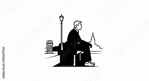 Man in suit sits on bench by lamppost, trash can, and city skyline