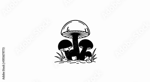 Minimalist black and white illustration of clustered mushrooms on a white background