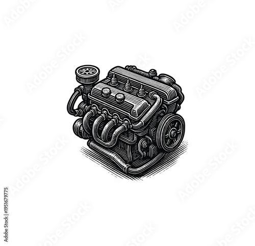 Hand-Drawn Retro Automotive Internal Combustion Engine – Vintage Engraving art