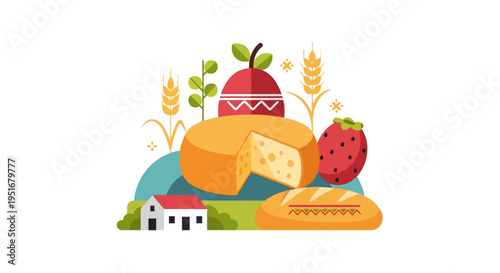 Flat Design Food & Agriculture Abundance Illustration with Cheese Wheel, Bread, Wheat Grains, and Berries