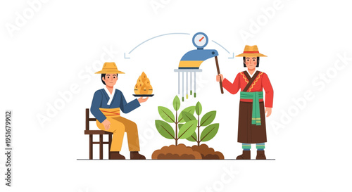 Traditional Asian Farmers Cultivating Plants using Irrigation and Resource Management | Sustainable Agriculture and Crop Growth Vector Illustration