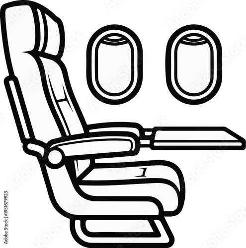 Simple black and white drawing of an airline seat with two oval windows