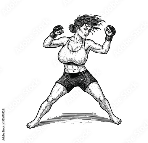 Hand-Drawn Retro Surrealistic Illustration of Powerful Female MMA Fighter in Combat Stance Woodcut Illustration