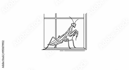 Line drawing of a praying mantis in a geometric enclosure
