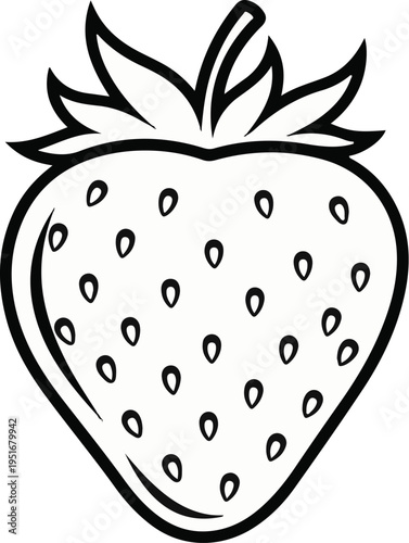 Simple black and white line drawing of a ripe strawberry with seeds and leaves