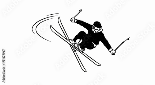 A skier in mid-air performs a trick with skis and poles