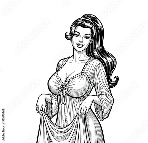 Hand-Drawn Retro Illustration of Portrait of Elegant Woman in Flowing Nightgown – Vintage Engraving art